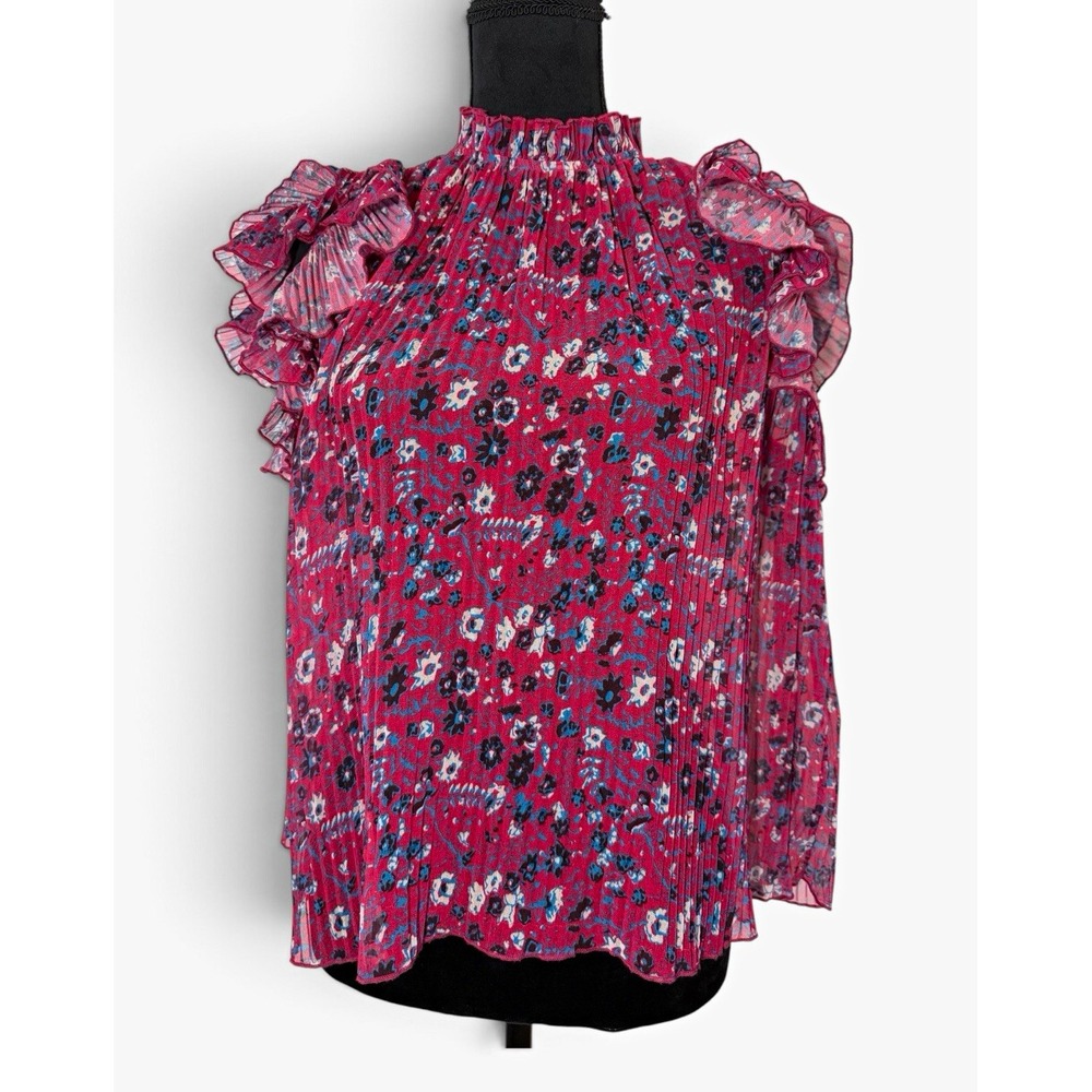 Anthropologie Frieda Pink Floral Chiffon Mock Neck Sleeveless Ruffle Blouse S